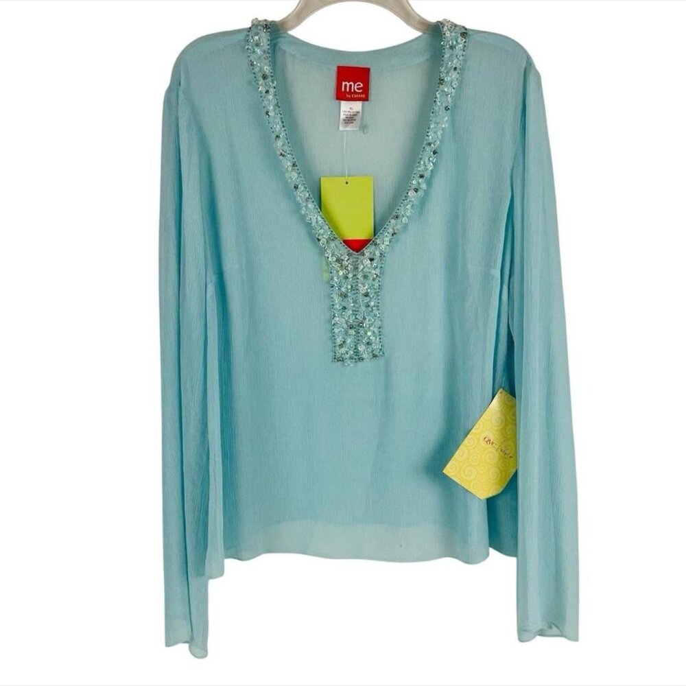 Me By Emme Sheer Beaded Long Sleeve Top Womens Size XL